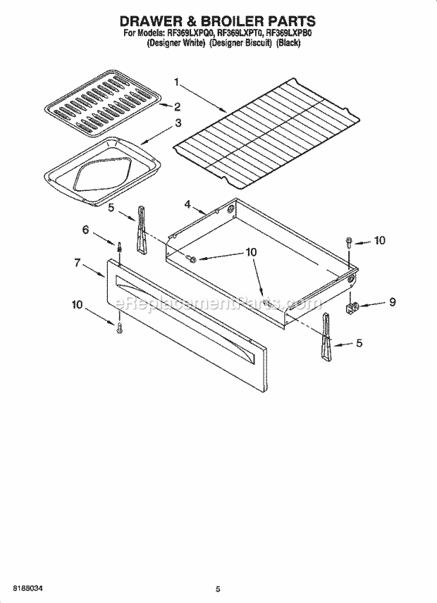 Whirlpool RF369LXPQ0 Freestanding Electric Drawer & Broiler Parts Diagram