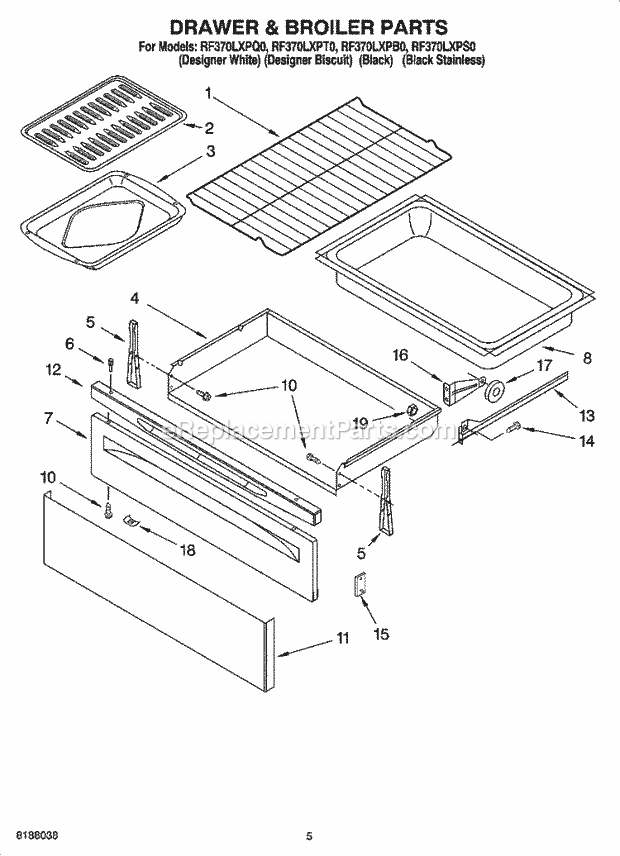 Whirlpool RF370LXPB0 Freestanding Electric Drawer & Broiler Parts Diagram