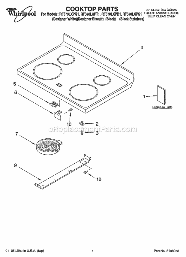 Whirlpool RF370LXPB1 Freestanding Electric Cooktop Parts Diagram