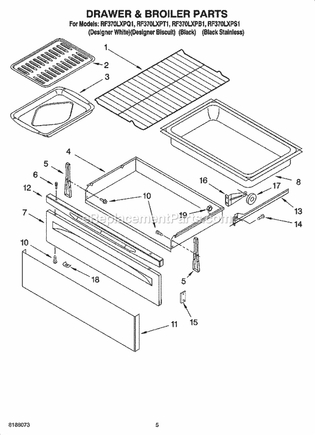 Whirlpool RF370LXPB1 Freestanding Electric Drawer & Broiler Parts Diagram