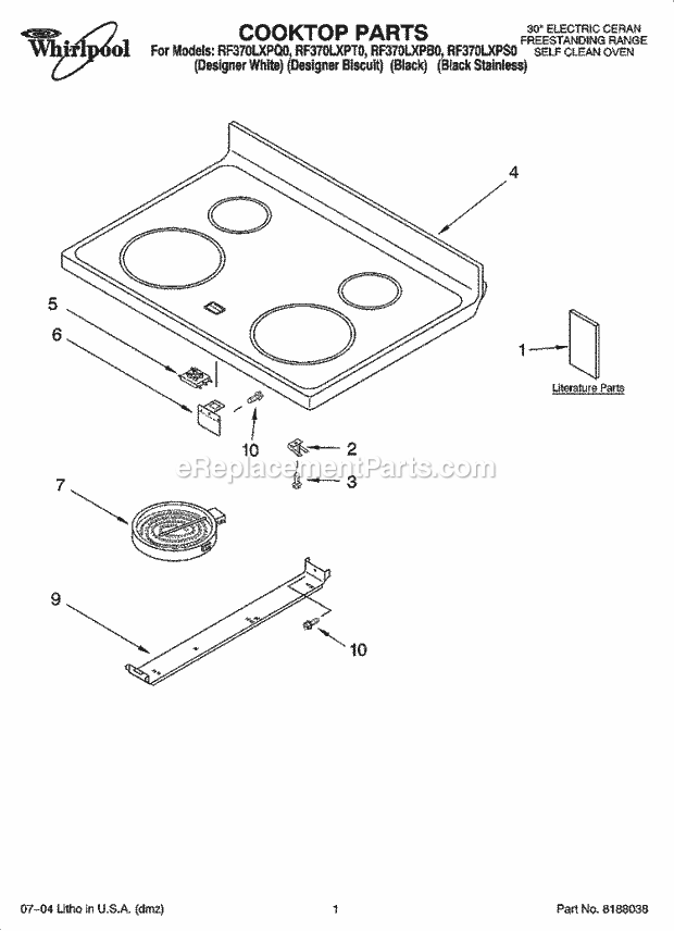 Whirlpool RF370LXPS0 Freestanding Electric Cooktop Parts Diagram