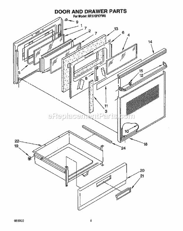 Whirlpool RF370PXYW0 Freestanding Electric Range Door and Drawer Diagram