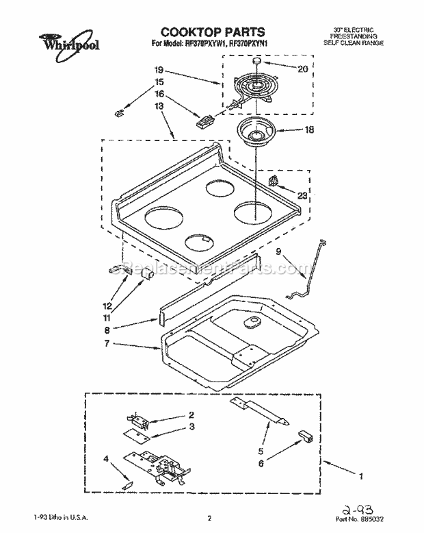 Whirlpool RF370PXYW1 Freestanding Electric Range Cooktop, Lit/Optional Diagram