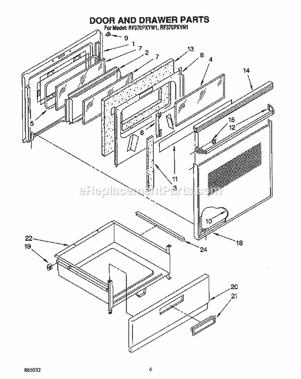 Whirlpool RF370PXYW1 Freestanding Electric Range Door and Drawer Diagram