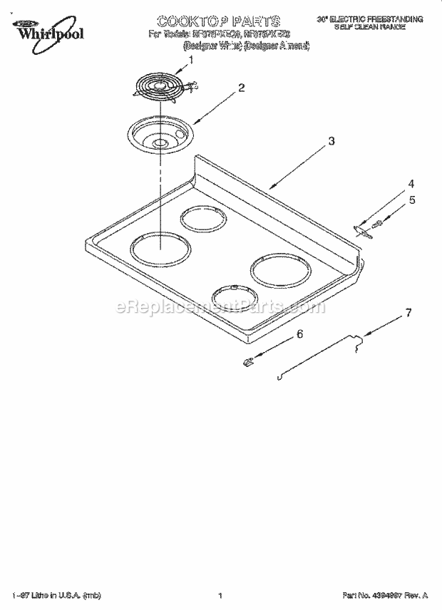 Whirlpool RF375PXEQ0 Freestanding Electric Range Cooktop Diagram