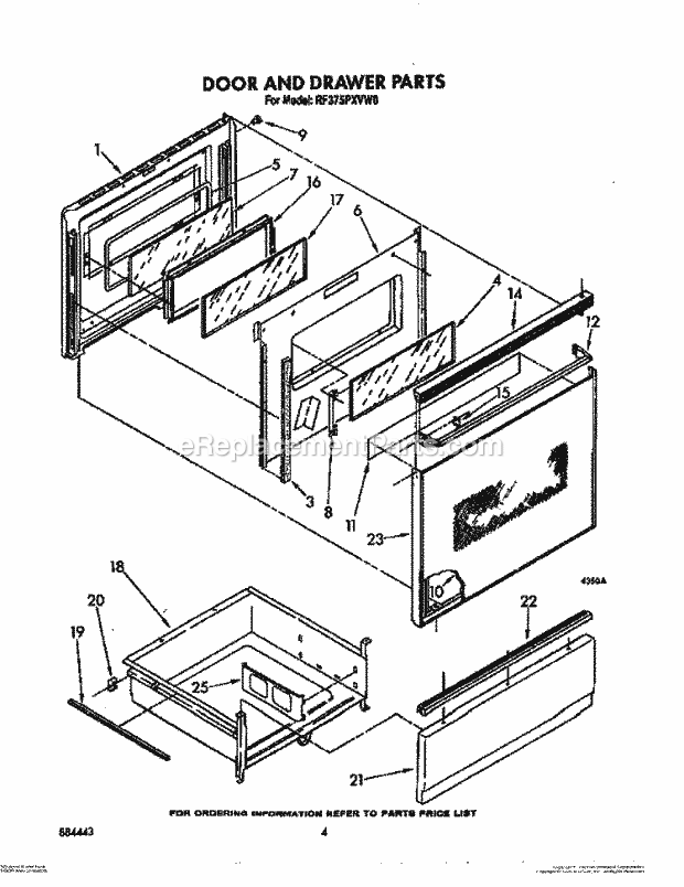 Whirlpool RF375PXVW0 Freestanding Electric Range Door and Drawer Diagram