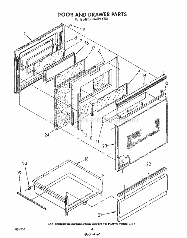 Whirlpool RF375PXXN0 Range Door and Drawer Diagram