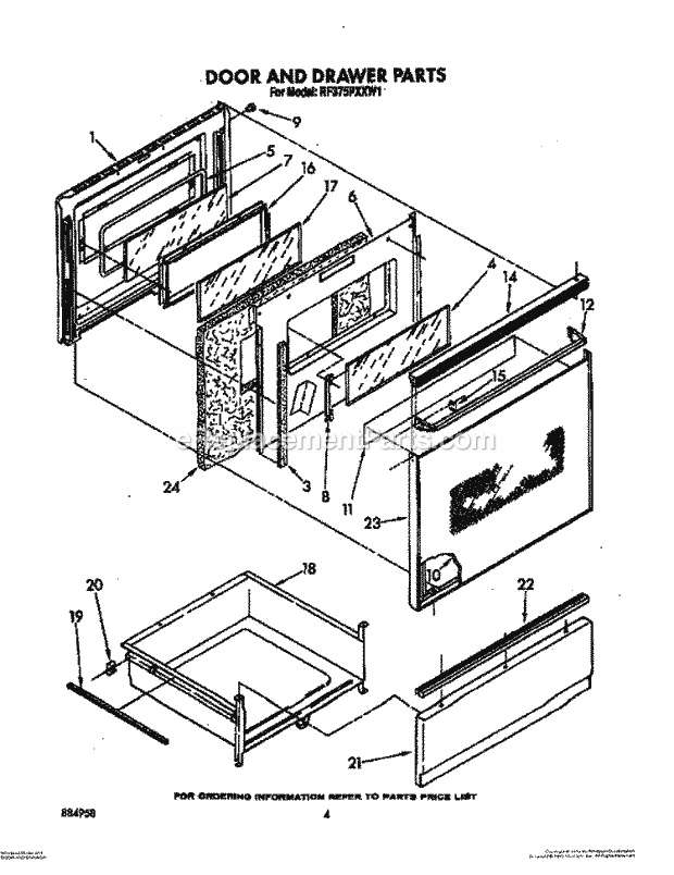 Whirlpool RF375PXXN1 Range Door and Drawer Diagram