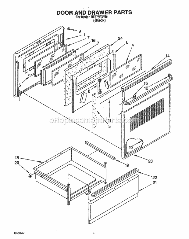 Whirlpool RF375PXYB1 Freestanding Electric Range Door and Drawer Diagram