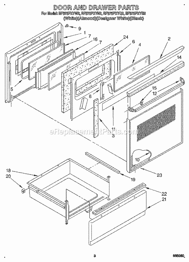 Whirlpool RF375PXYN2 Range Door and Drawer Diagram