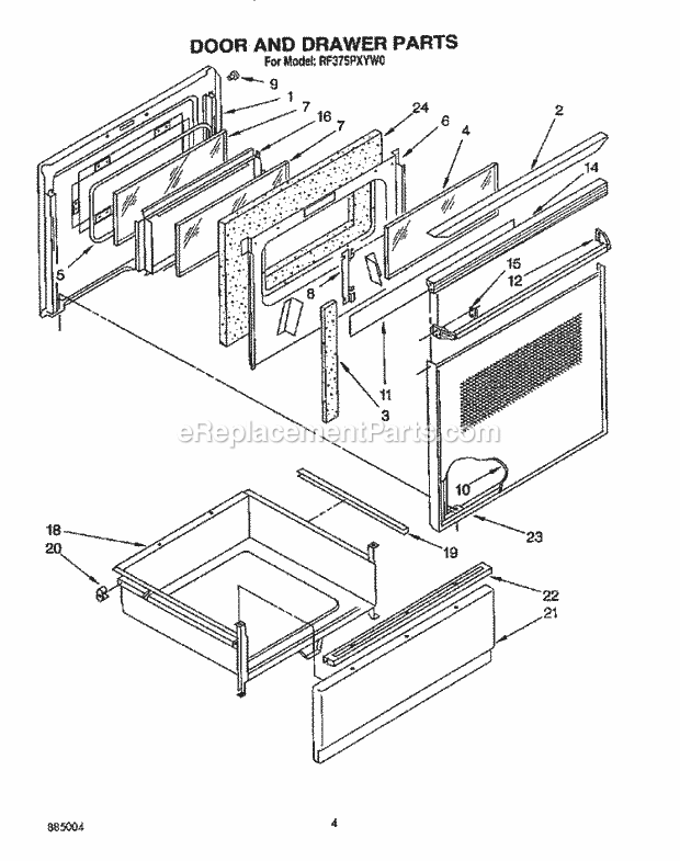 Whirlpool RF375PXYQ0 Range Door and Drawer Diagram