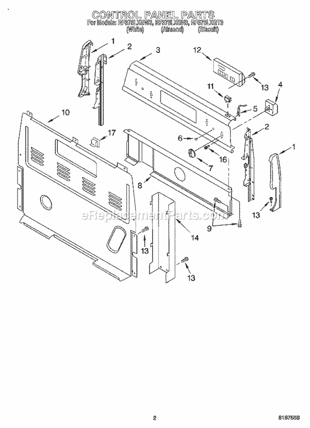 Whirlpool RF376LXGT3 Freestanding Electric Range Control Panel Diagram