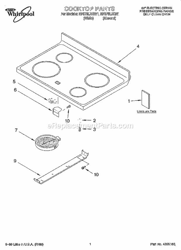 Whirlpool RF376LXGW1 Freestanding Electric Range Cooktop, Literature Diagram
