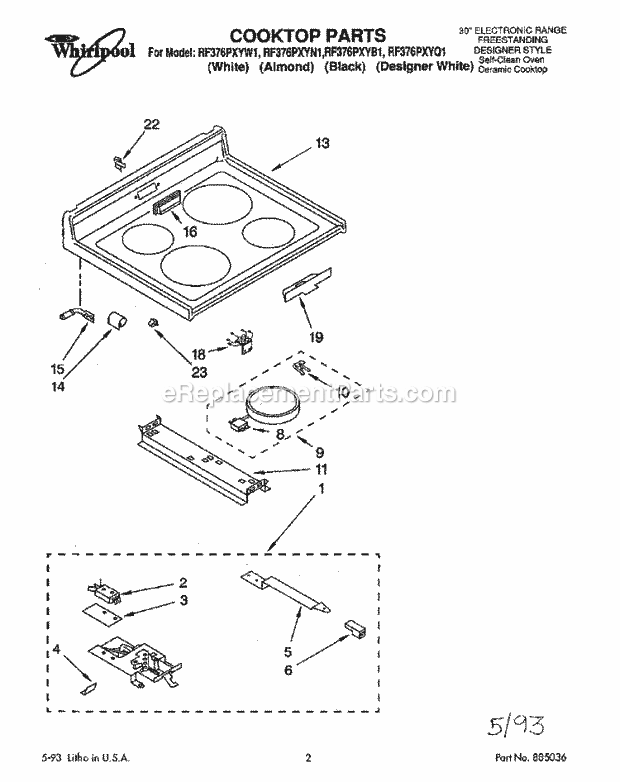 Whirlpool RF376PXYB1 Freestanding Electric Range Cooktop Diagram