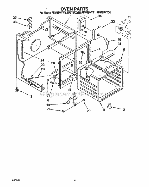 Whirlpool RF376PXYB1 Freestanding Electric Range Oven Diagram