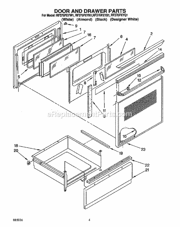 Whirlpool RF376PXYN1 Freestanding Electric Range Door and Drawer Diagram