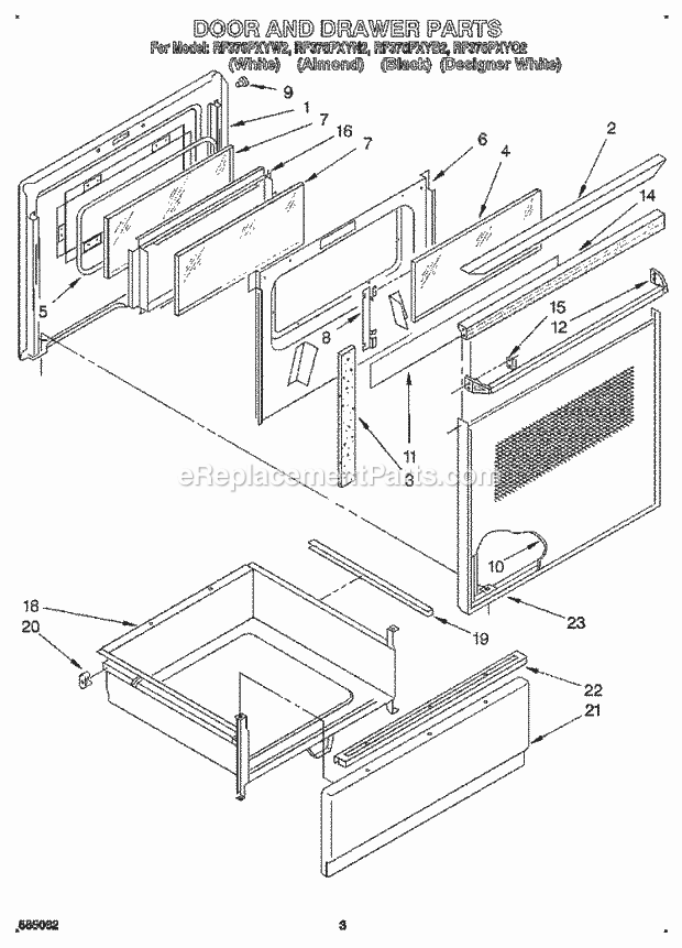 Whirlpool RF376PXYQ2 Freestanding Electric Range Door and Drawer Diagram