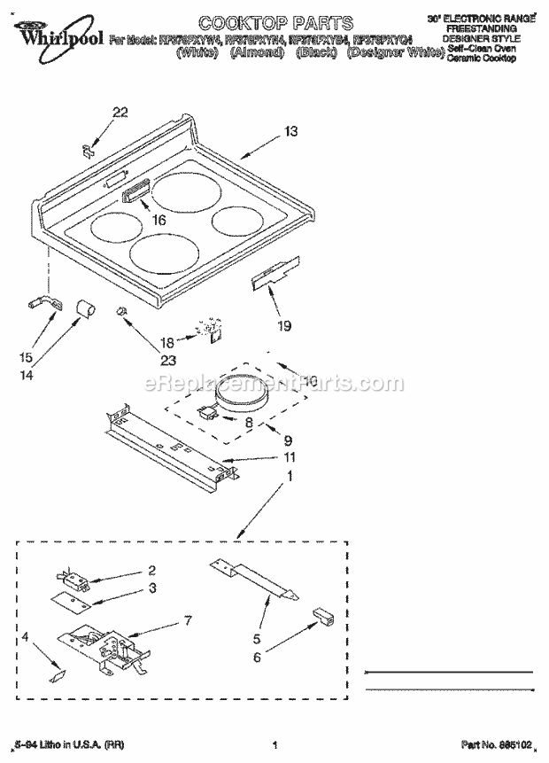 Whirlpool RF376PXYQ4 Freestanding Electric Range Cooktop Diagram