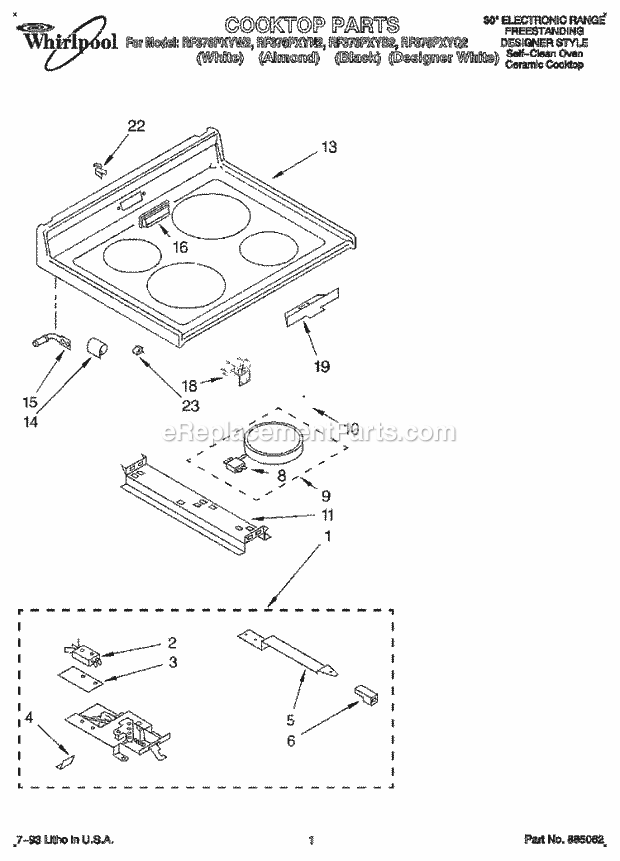 Whirlpool RF376PXYW2 Freestanding Electric Range Cooktop Diagram