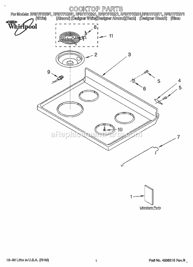 Whirlpool RF377PXGB1 Freestanding Electric Range Cooktop, Literature Diagram