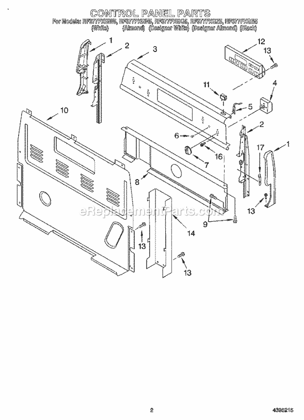 Whirlpool RF377PXGN5 Freestanding Electric Range Control Panel Diagram