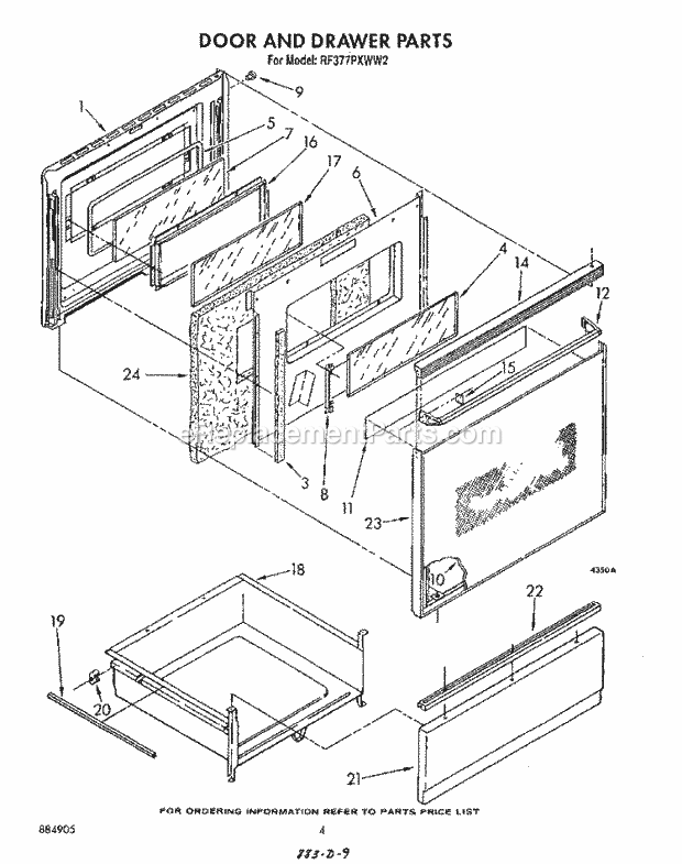 Whirlpool RF377PXWW2 Freestanding Electric Range Door and Drawer Diagram