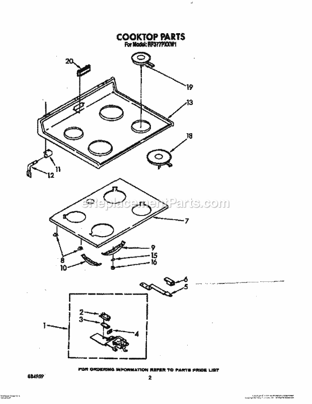 Whirlpool RF377PXXW1 Freestanding Electric Range Cooktop Diagram