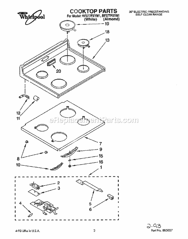 Whirlpool RF377PXYW1 Freestanding Electric Range Cooktop Diagram