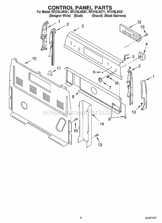 Whirlpool RF378LXKB1 Freestanding Electric Control Panel Parts Diagram