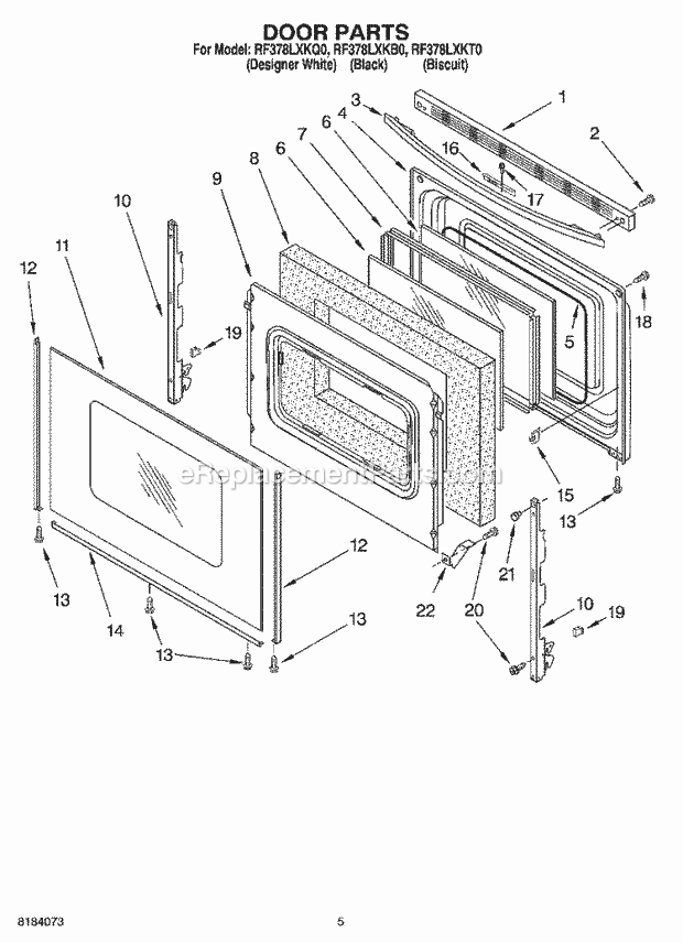 Whirlpool RF378LXKQ0 Freestanding Electric Door Diagram