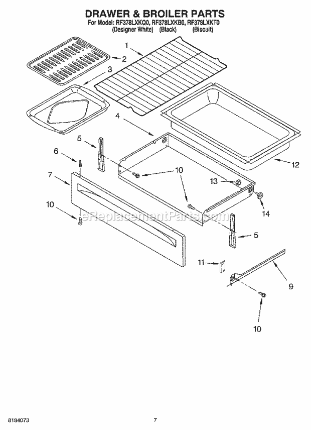 Whirlpool RF378LXKQ0 Freestanding Electric Drawer & Broiler Diagram