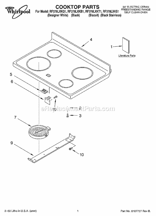 Whirlpool RF378LXKS1 Freestanding Electric Cooktop Parts Diagram