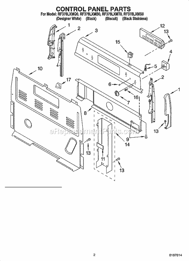 Whirlpool RF378LXMS0 Freestanding Electric Control Panel Parts Diagram