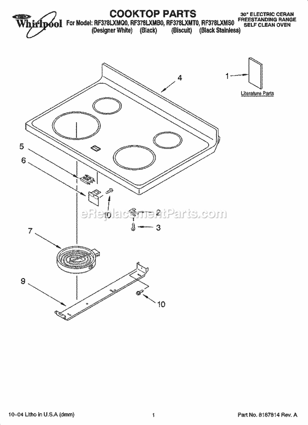 Whirlpool RF378LXMS0 Freestanding Electric Cooktop Parts Diagram