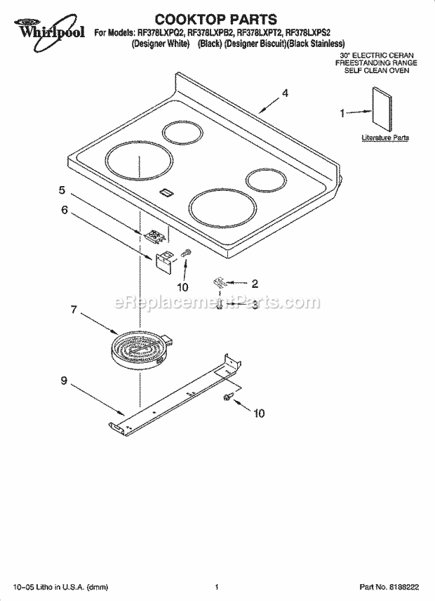 Whirlpool RF378LXPB2 Freestanding Electric Cooktop Parts Diagram