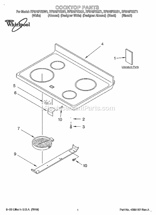 Whirlpool RF378PXGT1 Freestanding Electric Cooktop, Literature Diagram