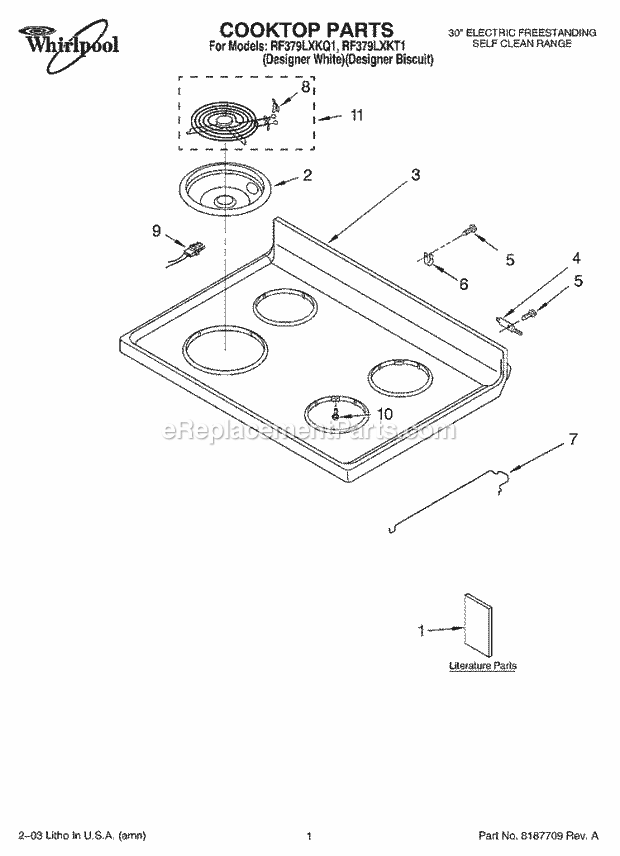 Whirlpool RF379LXKQ1 Freestanding Electric Cooktop Parts Diagram