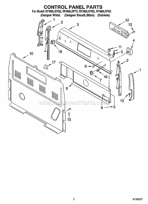 Whirlpool RF380LXPB2 Freestanding Electric Control Panel Parts Diagram