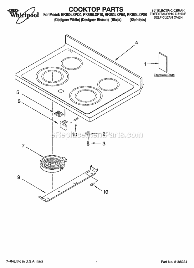 Whirlpool RF380LXPQ0 Freestanding Electric Cooktop Parts Diagram