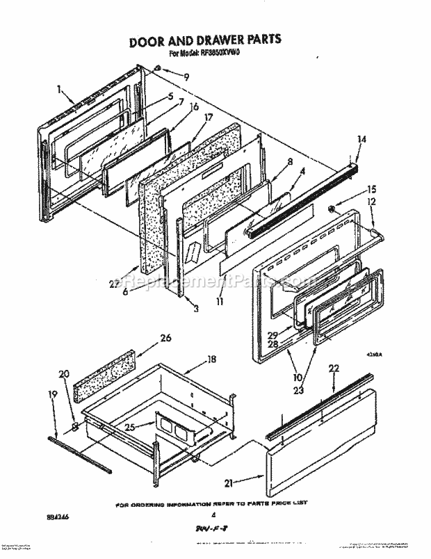 Whirlpool RF3850XVW0 Freestanding Electric Range Door and Drawer Diagram