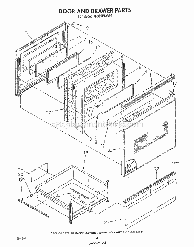 Whirlpool RF385PCVW0 Freestanding Electric Range Door and Drawer Diagram