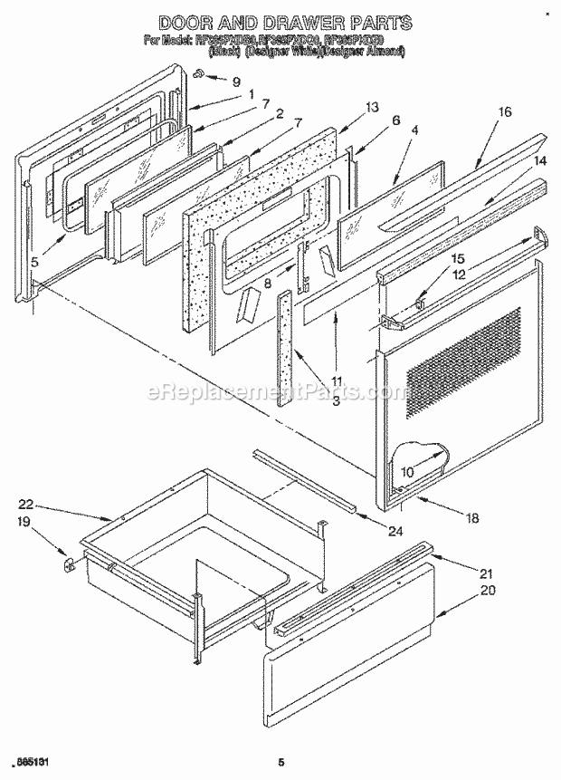 Whirlpool RF385PXDB0 Range Door and Drawer Diagram