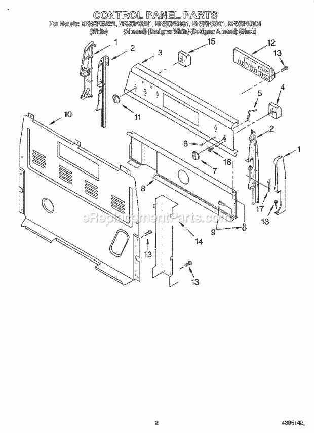 Whirlpool RF385PXGB1 Freestanding Electric Range Control Panel Diagram