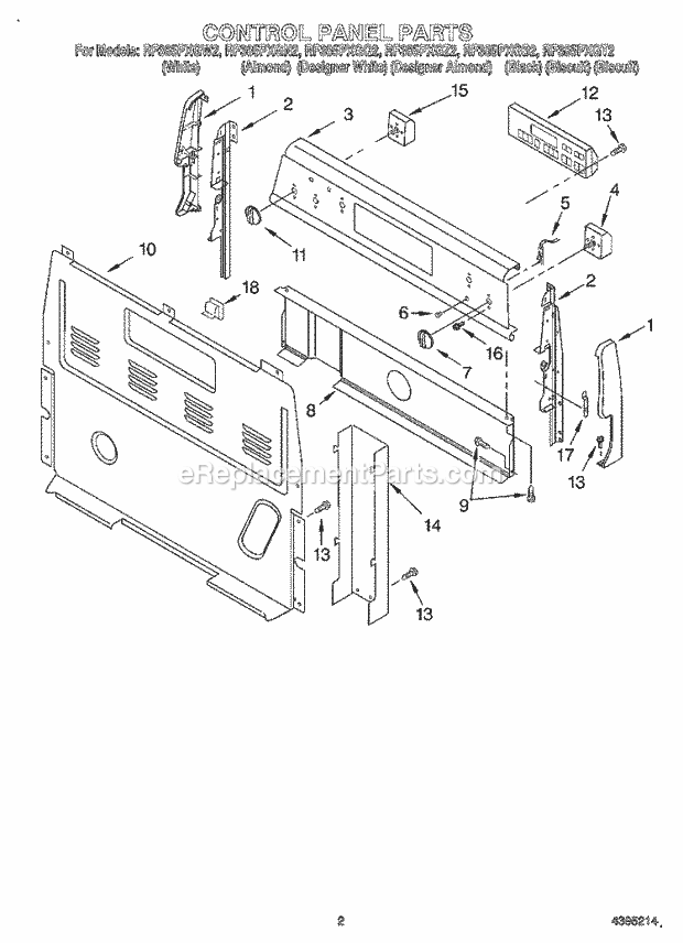 Whirlpool RF385PXGB2 Freestanding Electric Range Control Panel Diagram