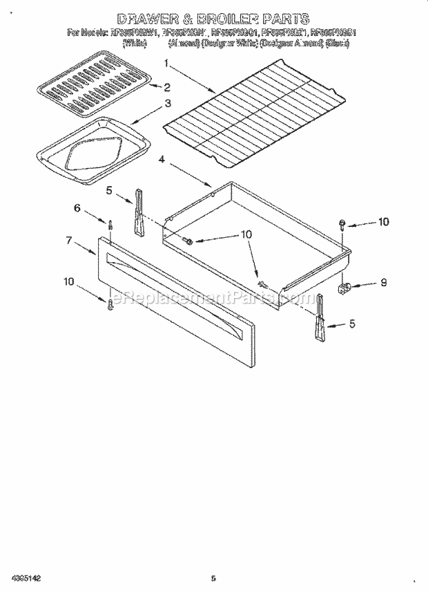 Whirlpool RF385PXGN1 Freestanding Electric Range Drawer and Broiler Diagram