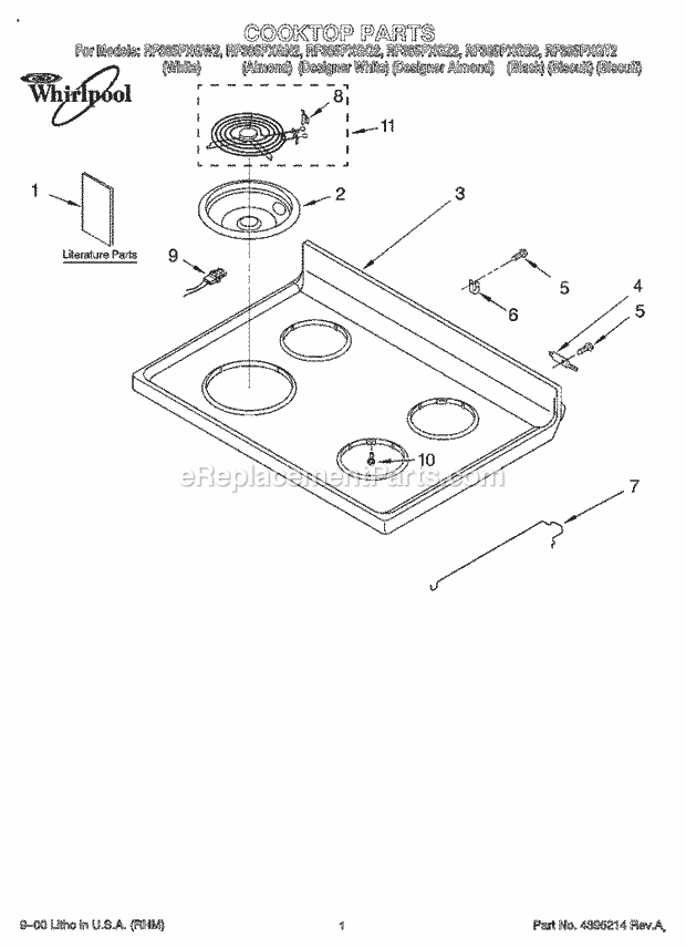 Whirlpool RF385PXGN2 Freestanding Electric Range Cooktop, Literature Diagram