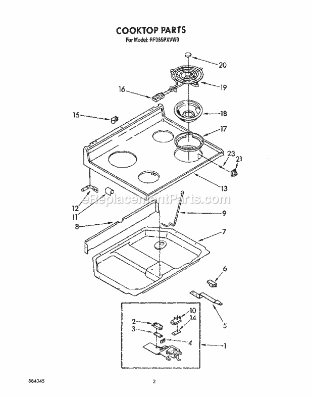 Whirlpool RF385PXVW0 Freestanding Electric Range Cooktop Diagram