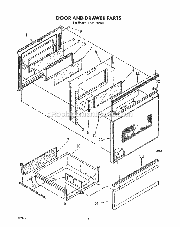 Whirlpool RF385PXVW0 Freestanding Electric Range Door and Drawer Diagram