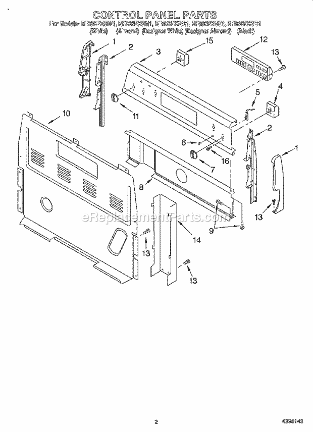 Whirlpool RF386PXGB1 Freestanding Electric Range Control Panel Diagram