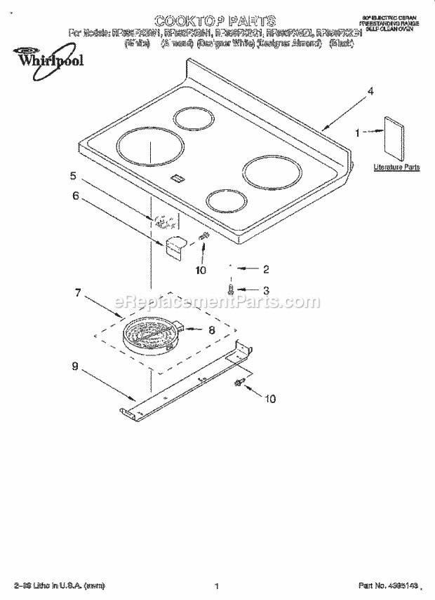 Whirlpool RF386PXGB1 Freestanding Electric Range Cooktop, Literature Diagram